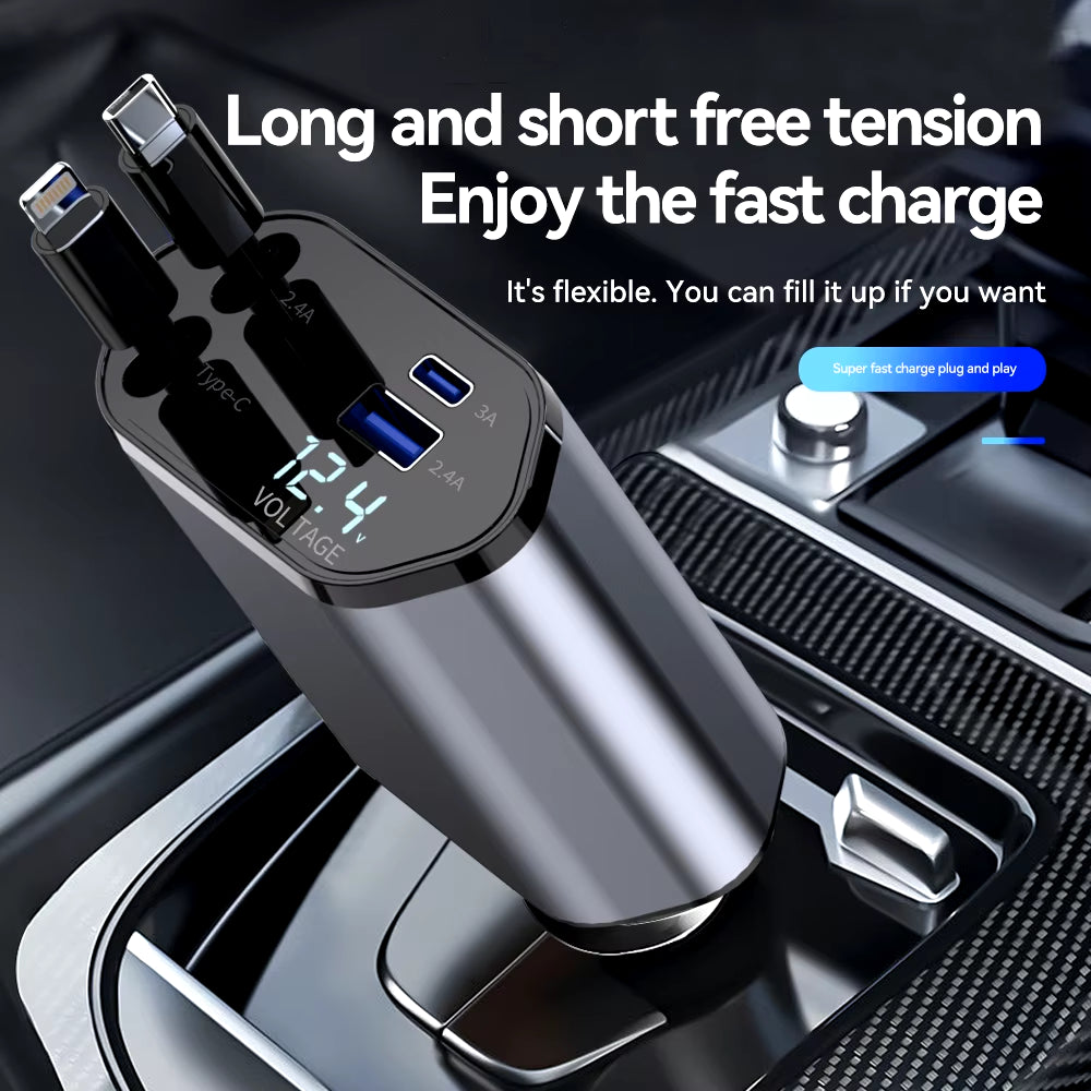 Retractable Car Charger, 4 in 1 Fast Charging Car Charger 120W, Retractable Cable and 2 USB Ports Car Charger Adapter Compatible