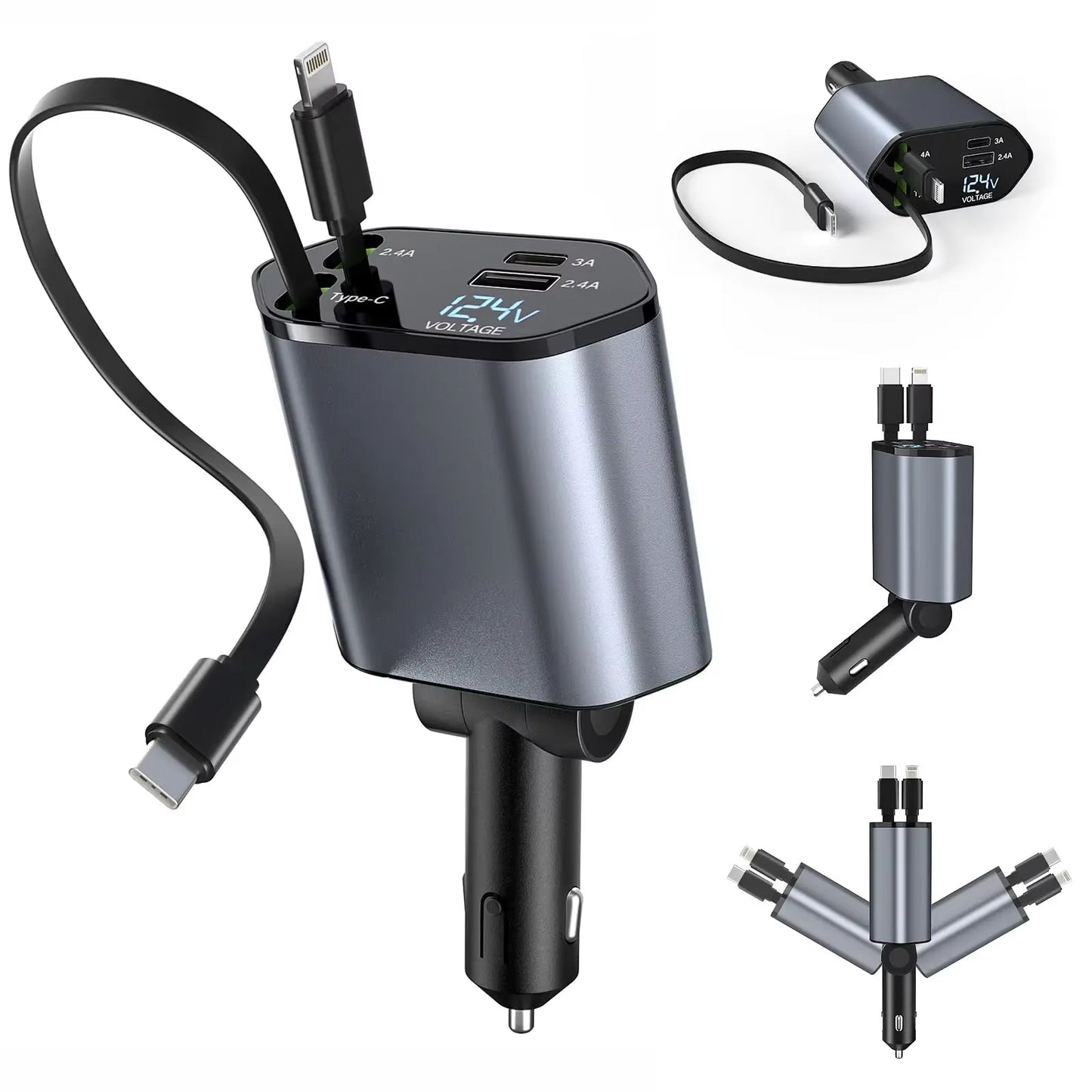 Retractable Car Charger, 4 in 1 Fast Charging Car Charger 120W, Retractable Cable and 2 USB Ports Car Charger Adapter Compatible